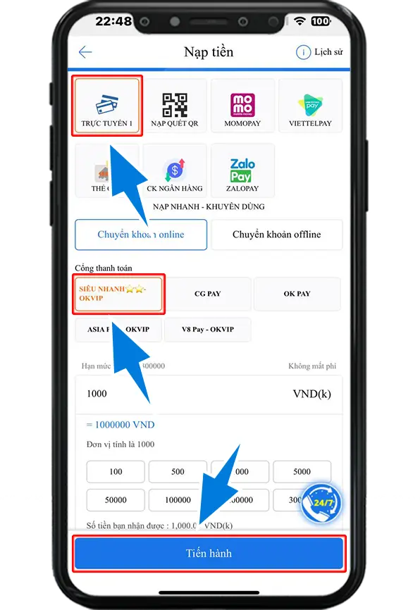 Bước 2 : Chọn Trực tuyến 1 - Chọn Siêu Nhanh - OKVIP  => Nhập số tiền nạp 1 điểm = 1,000 VND >> Ấn Tiến hành